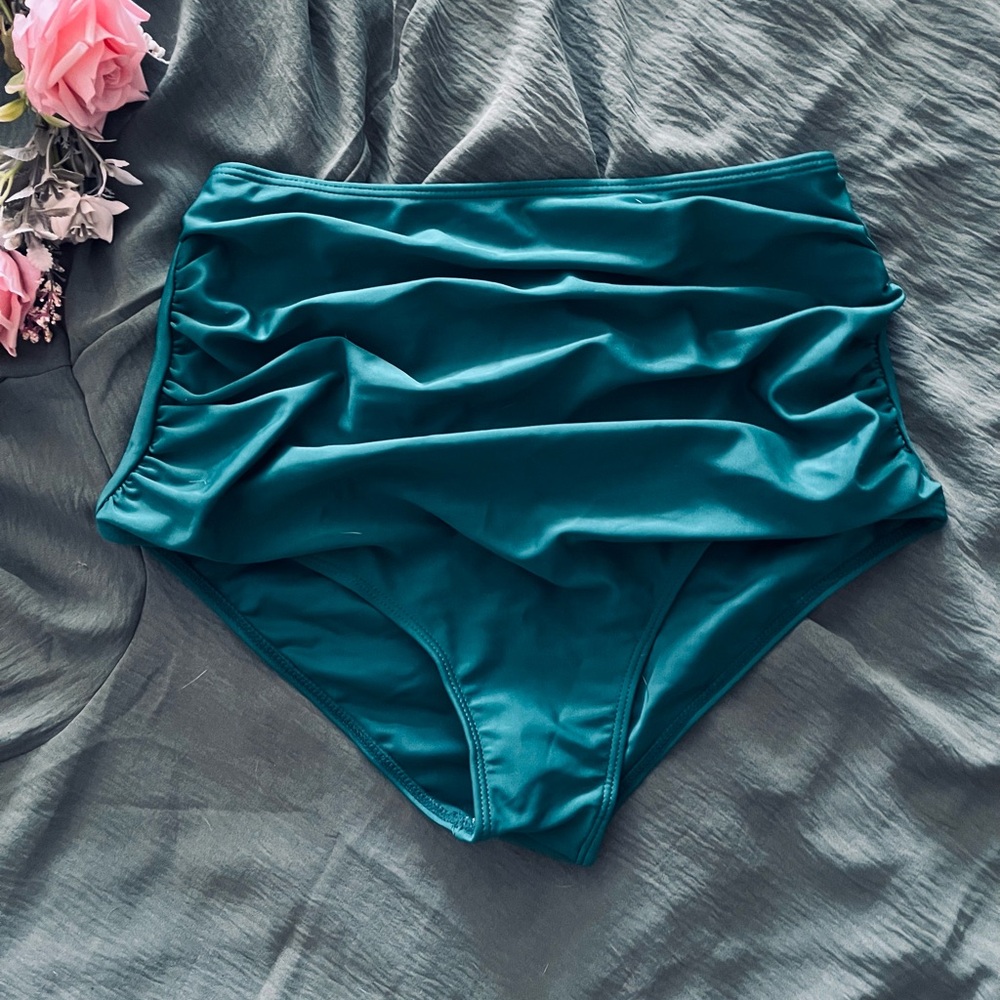 Teal Ruched High-Waisted Maternity Bikini Bottoms